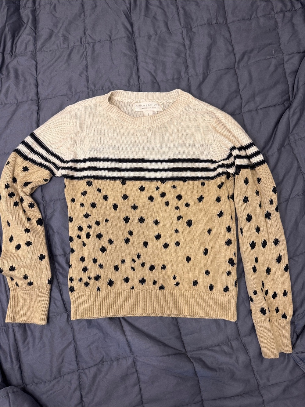 saltwater LUXE Cream & Beige Crewneck Sweater with Black Dot Motif